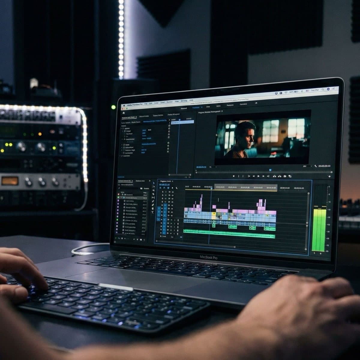 A laptop screen showing a work for Advanced Video Editing in a home office