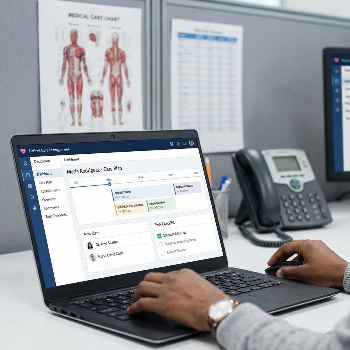 A laptop screen showing a work for Patient Care Coordination in a home office