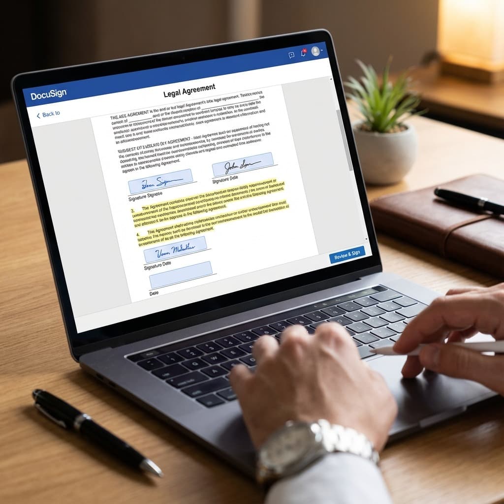 A laptop screen showing a work for Artist Contract Negotiation in a home office