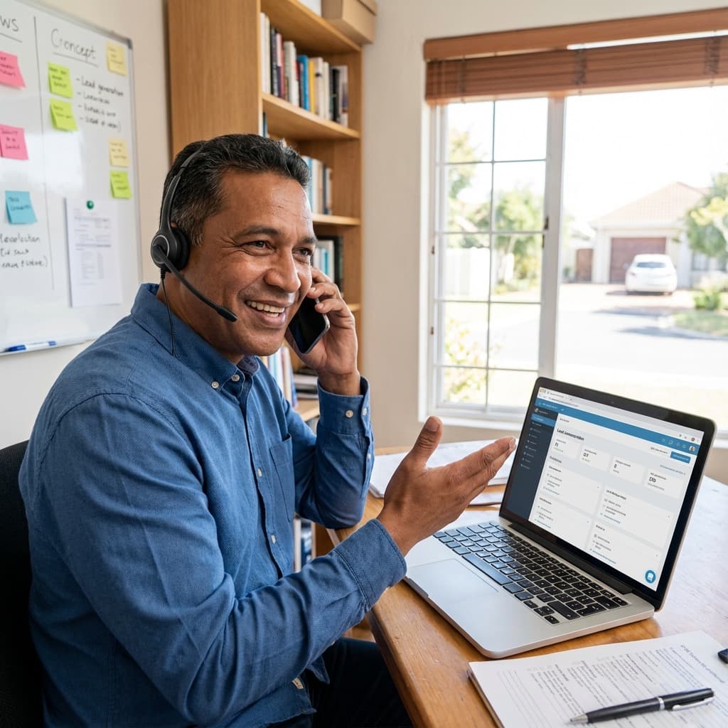 A South African Remote Sales Development Representative working in a home office