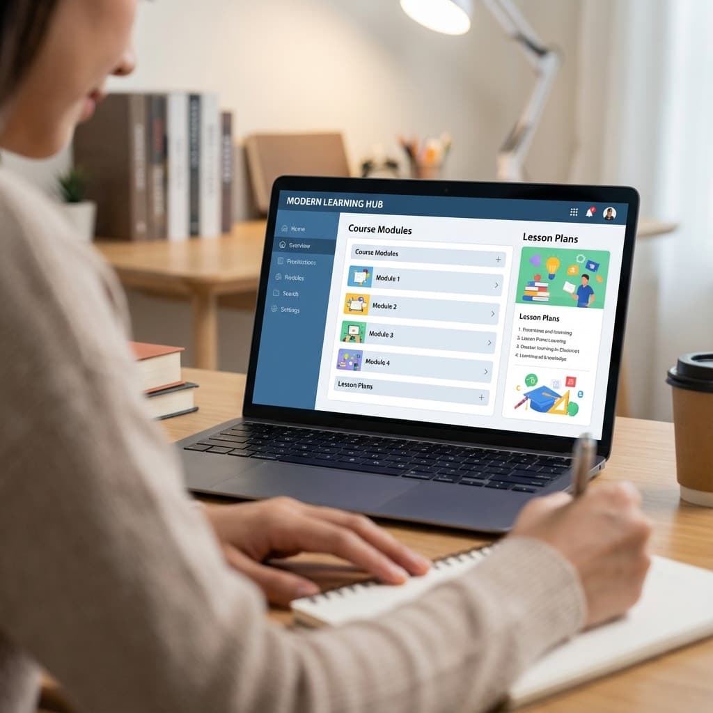 A laptop screen showing a work for Curriculum & Course Material Development in a home office