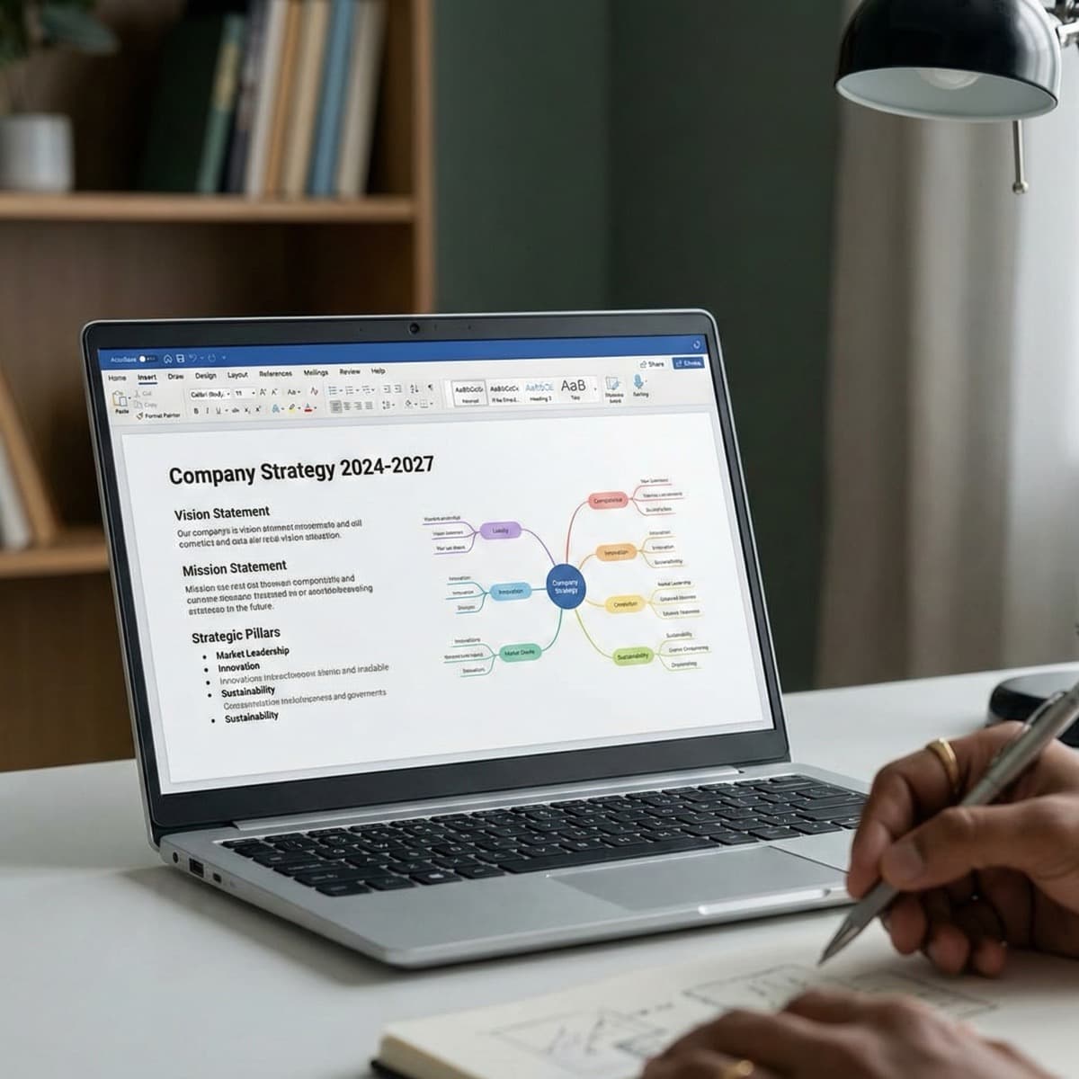 A laptop screen showing a work for Strategy Development in a home office