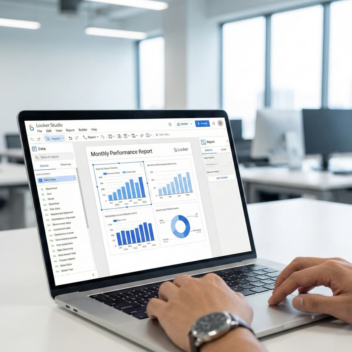 A laptop screen showing a work for Report Generation in a home office