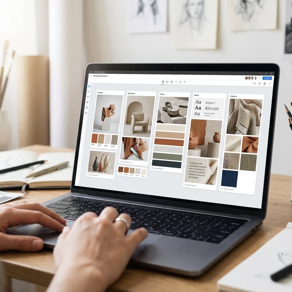 A laptop screen showing a work for Artist Brand Strategy in a home office