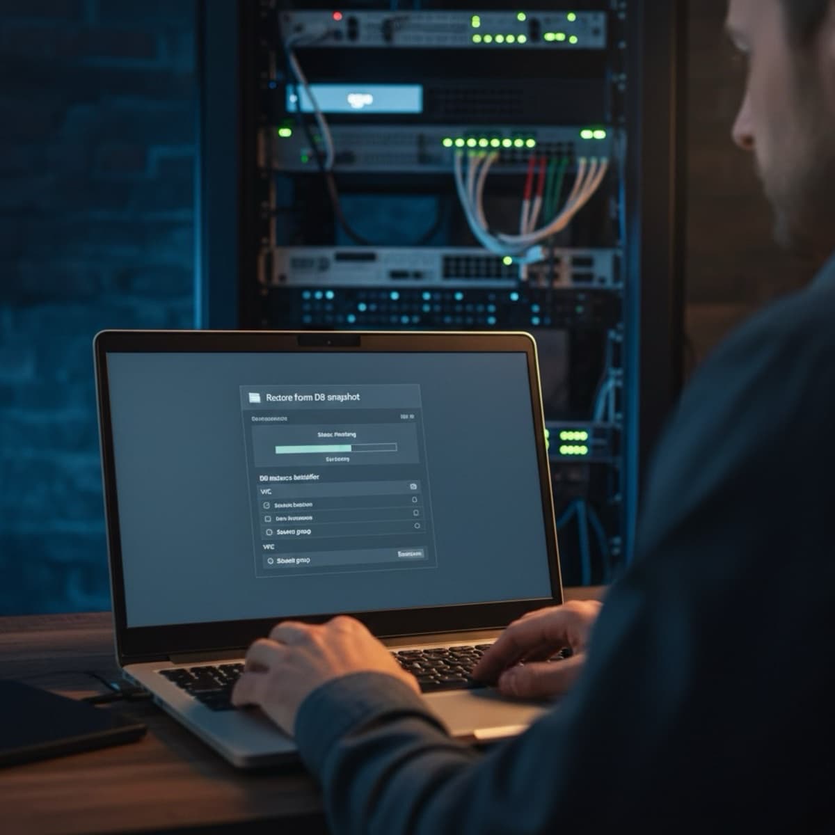 A laptop screen showing a work for Database Backup & Recovery in a home office