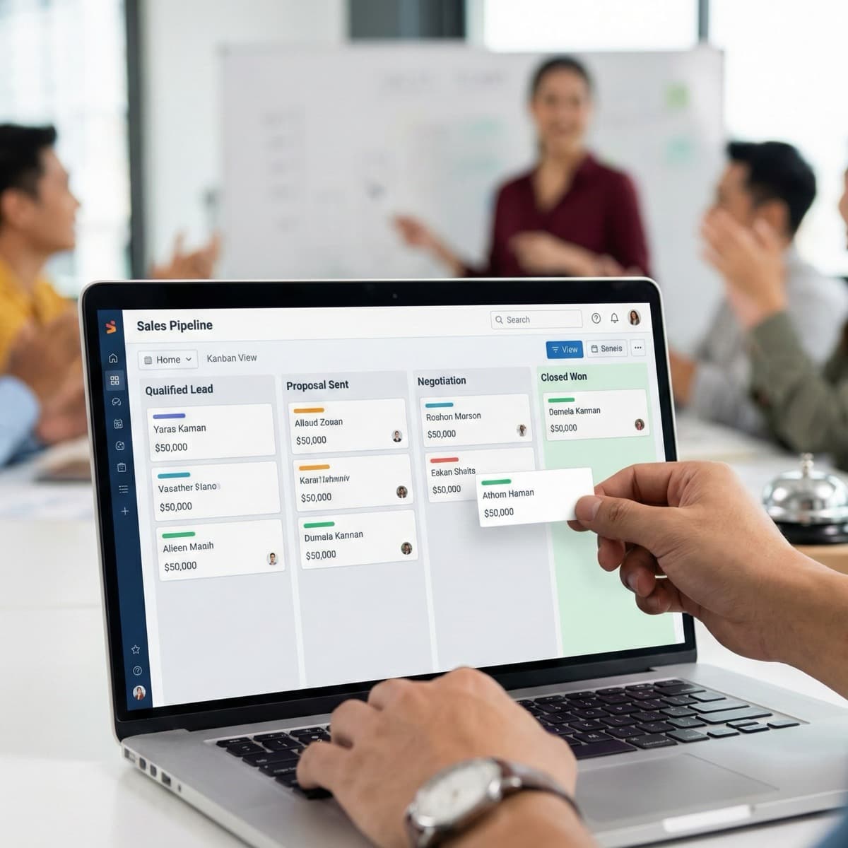 A laptop screen showing a work for Sales Pipeline Management in a home office