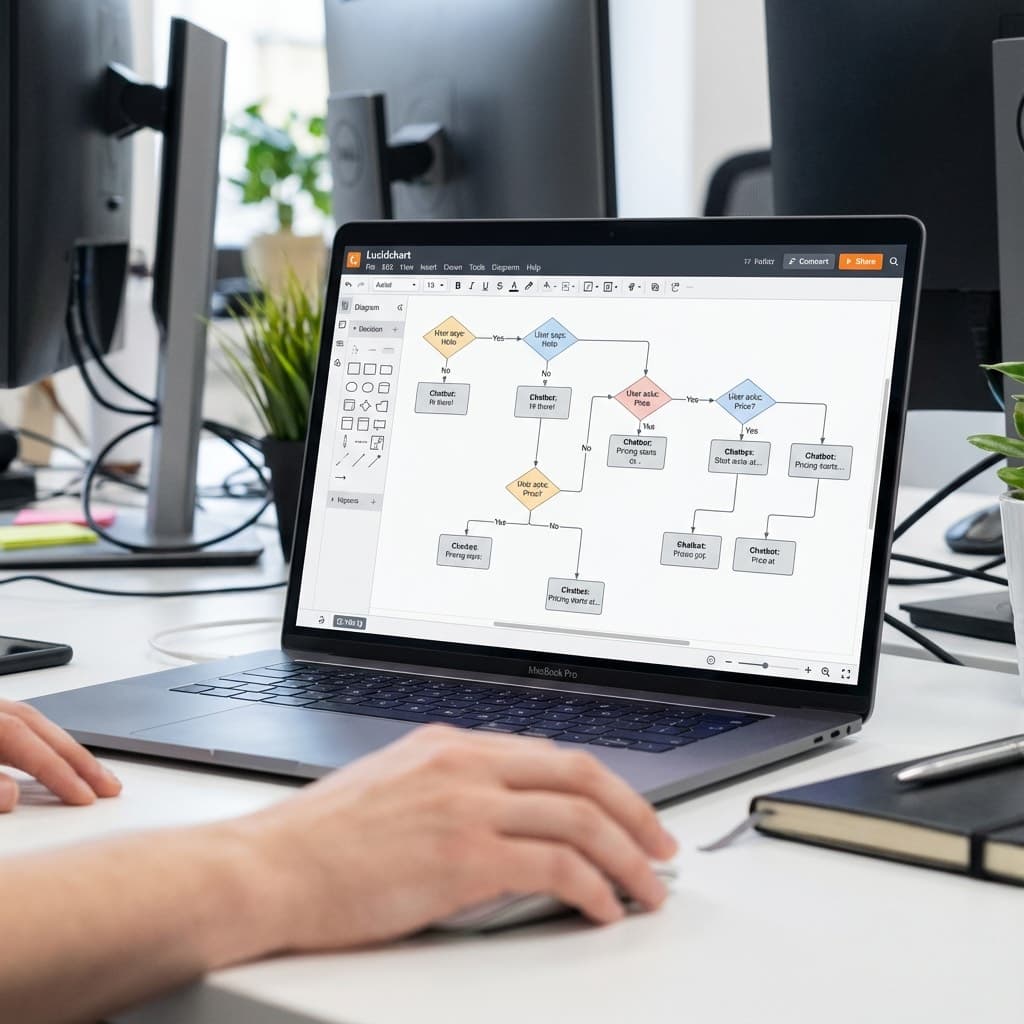 A laptop screen showing a work for Conversation Flow & Dialogue Design in a home office