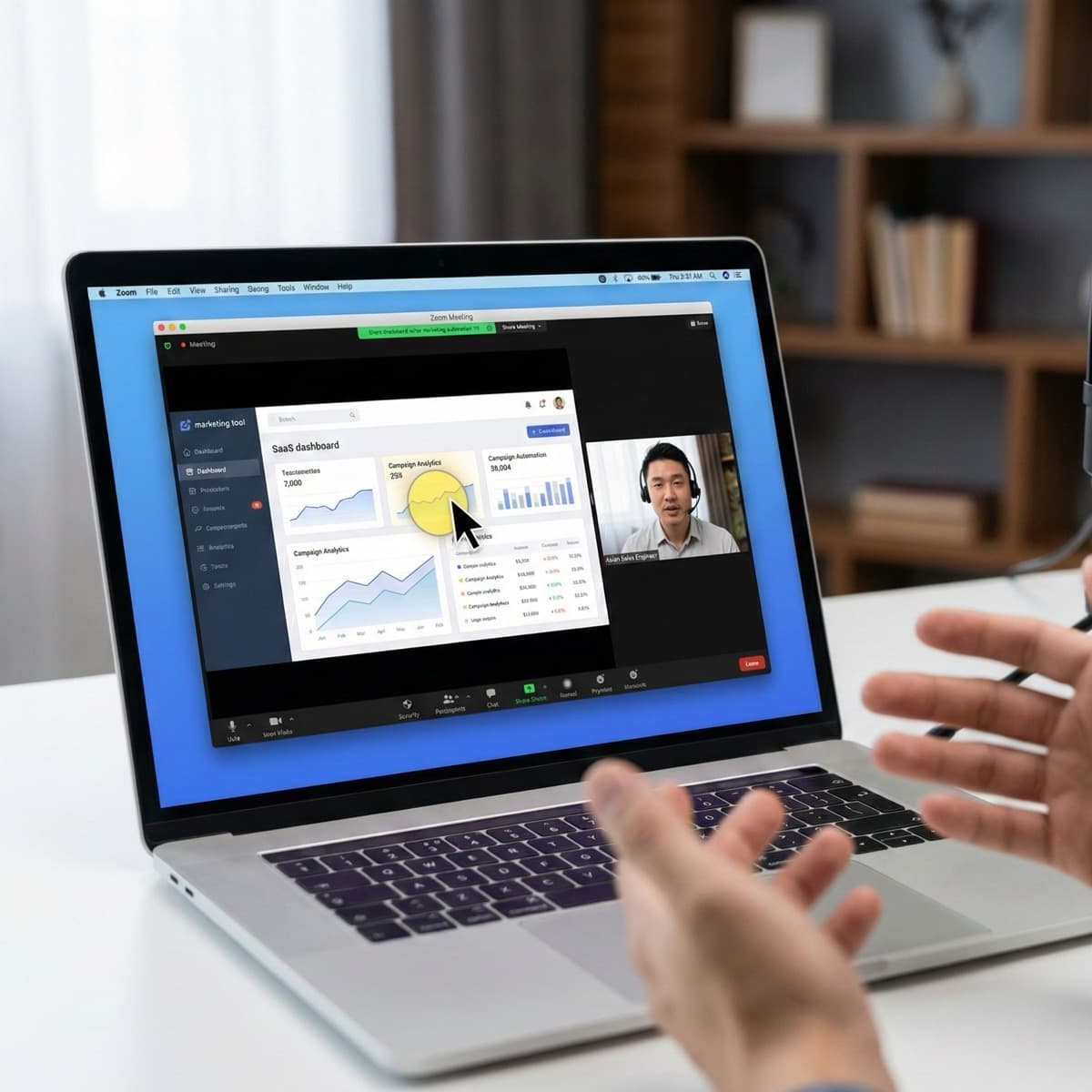 A laptop screen showing a work for Sales Demo & Presentation in a home office