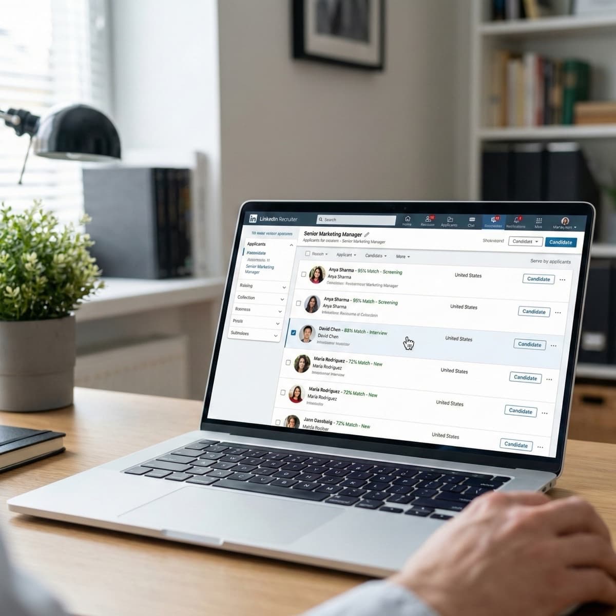 A laptop screen showing a work for Job Posting Applicant Screening in a home office