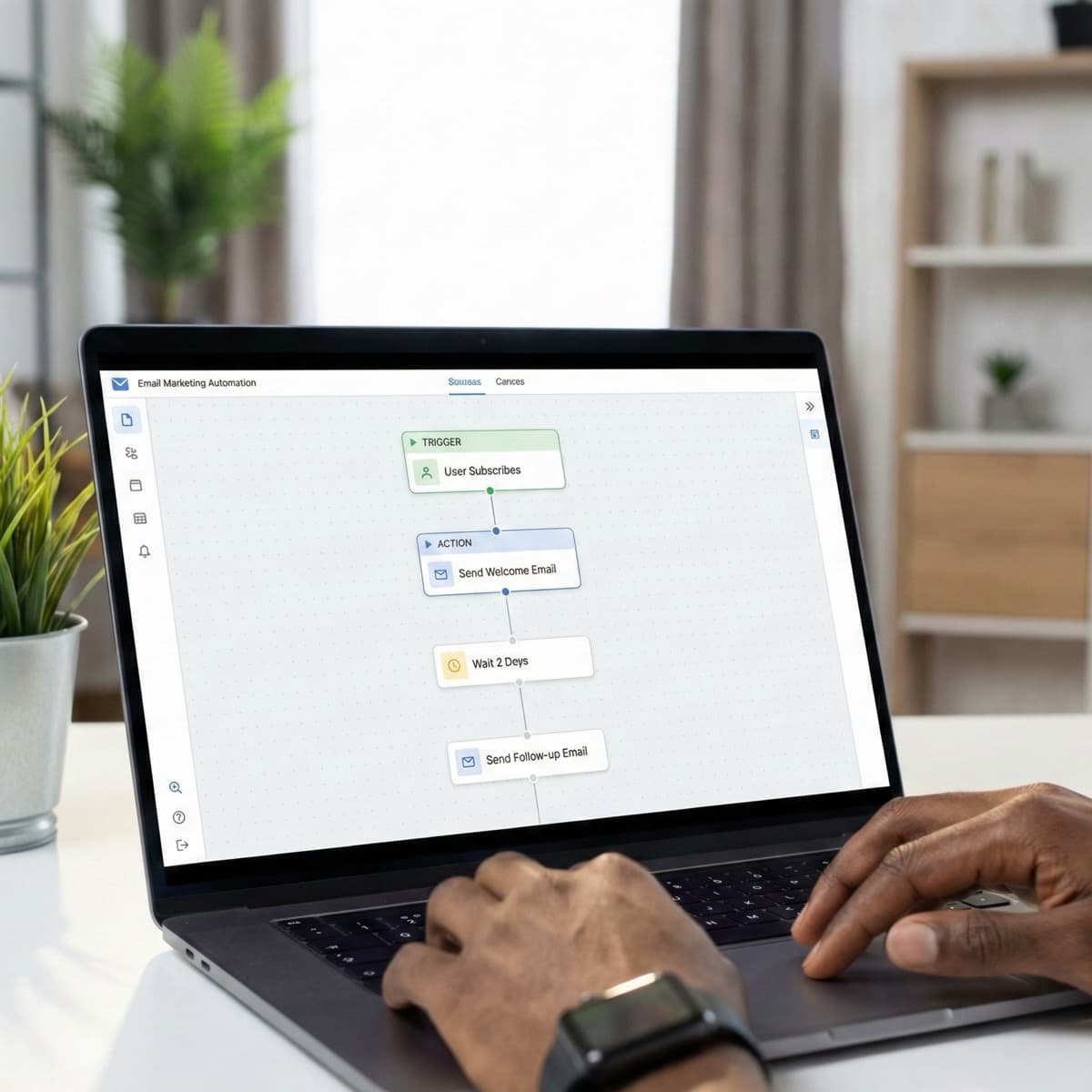 A laptop screen showing a work for Email Marketing Strategy in a home office
