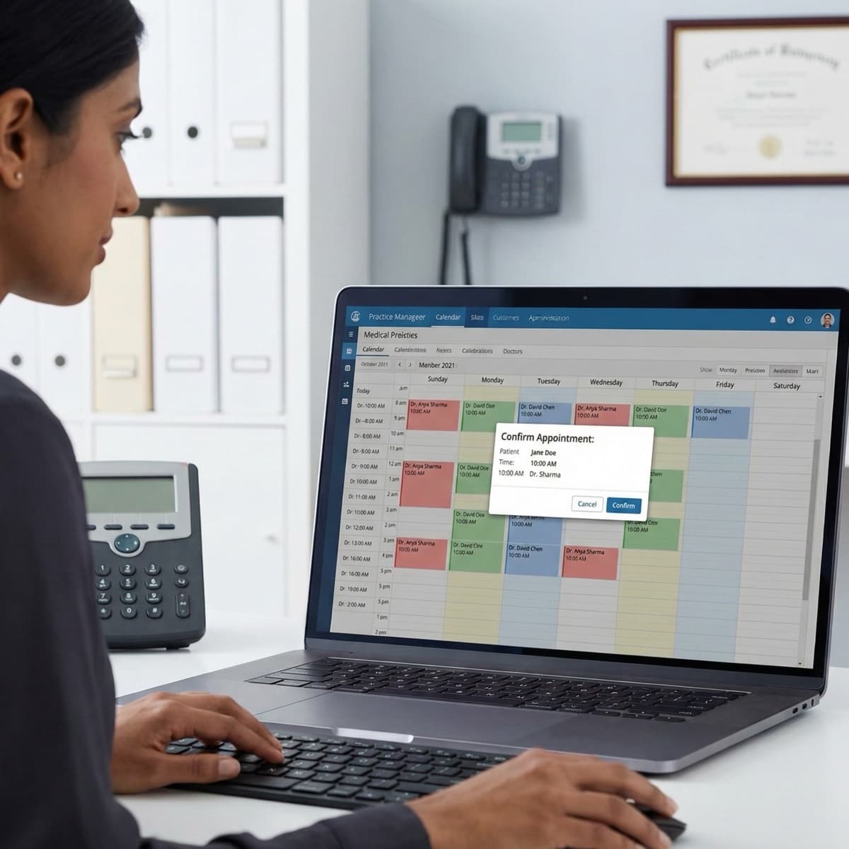 A laptop screen showing a work for Patient Scheduling & Confirmation in a home office