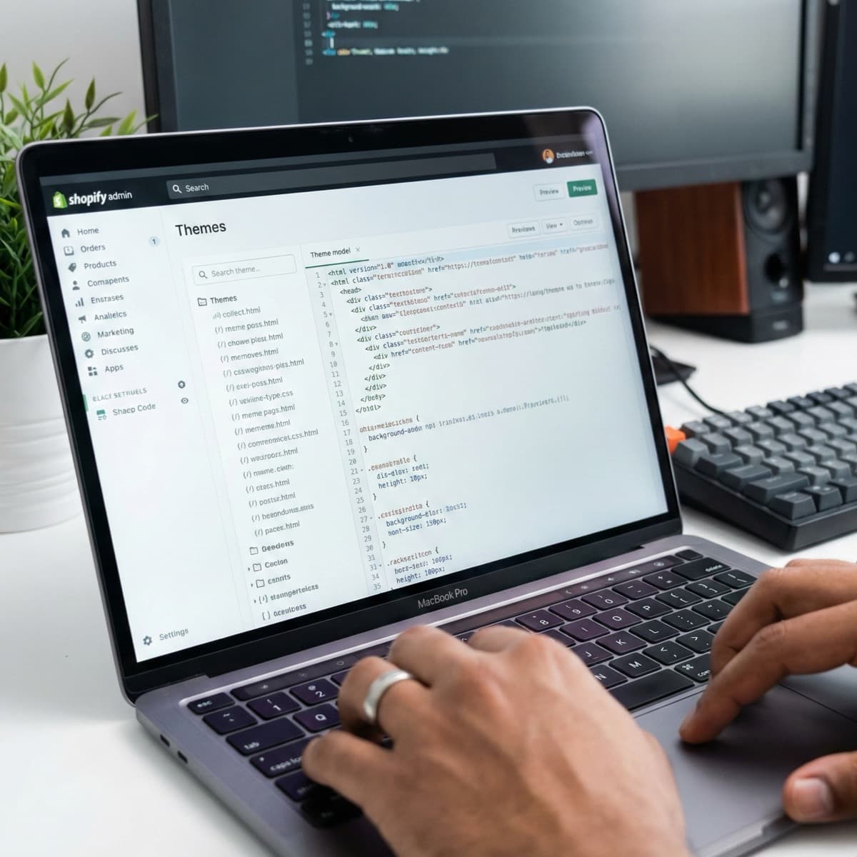 A laptop screen showing a work for Shopify App & Theme Integration in a home office