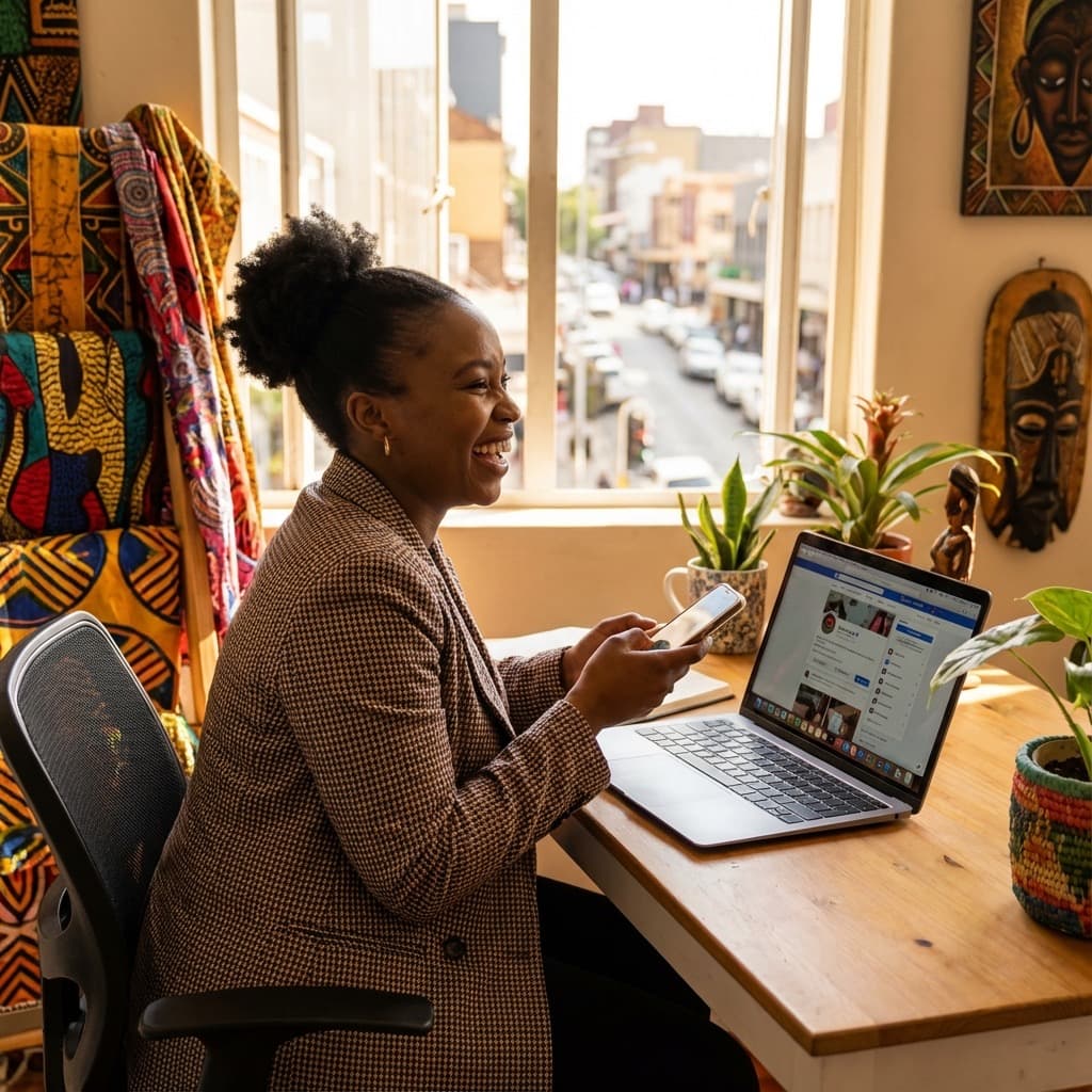 A South African Remote Community Manager working in a home office