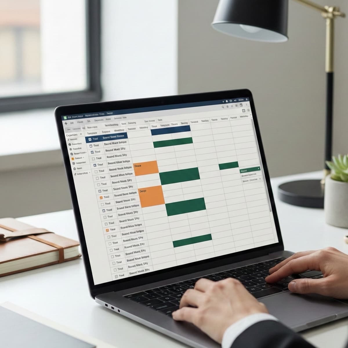 A laptop screen showing a work for Expense Reporting in a home office