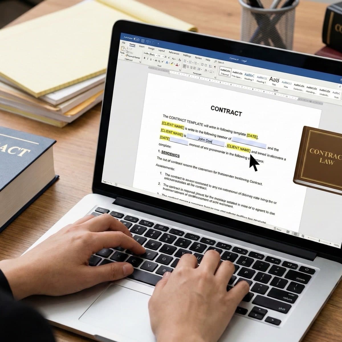 A laptop screen showing a work for Legal Document Preparation in a home office