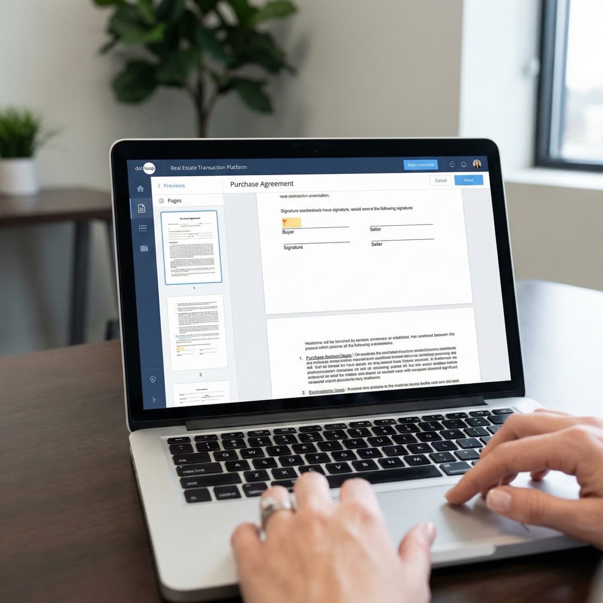 A laptop screen showing a work for Real Estate Contract Document Preparation in a home office