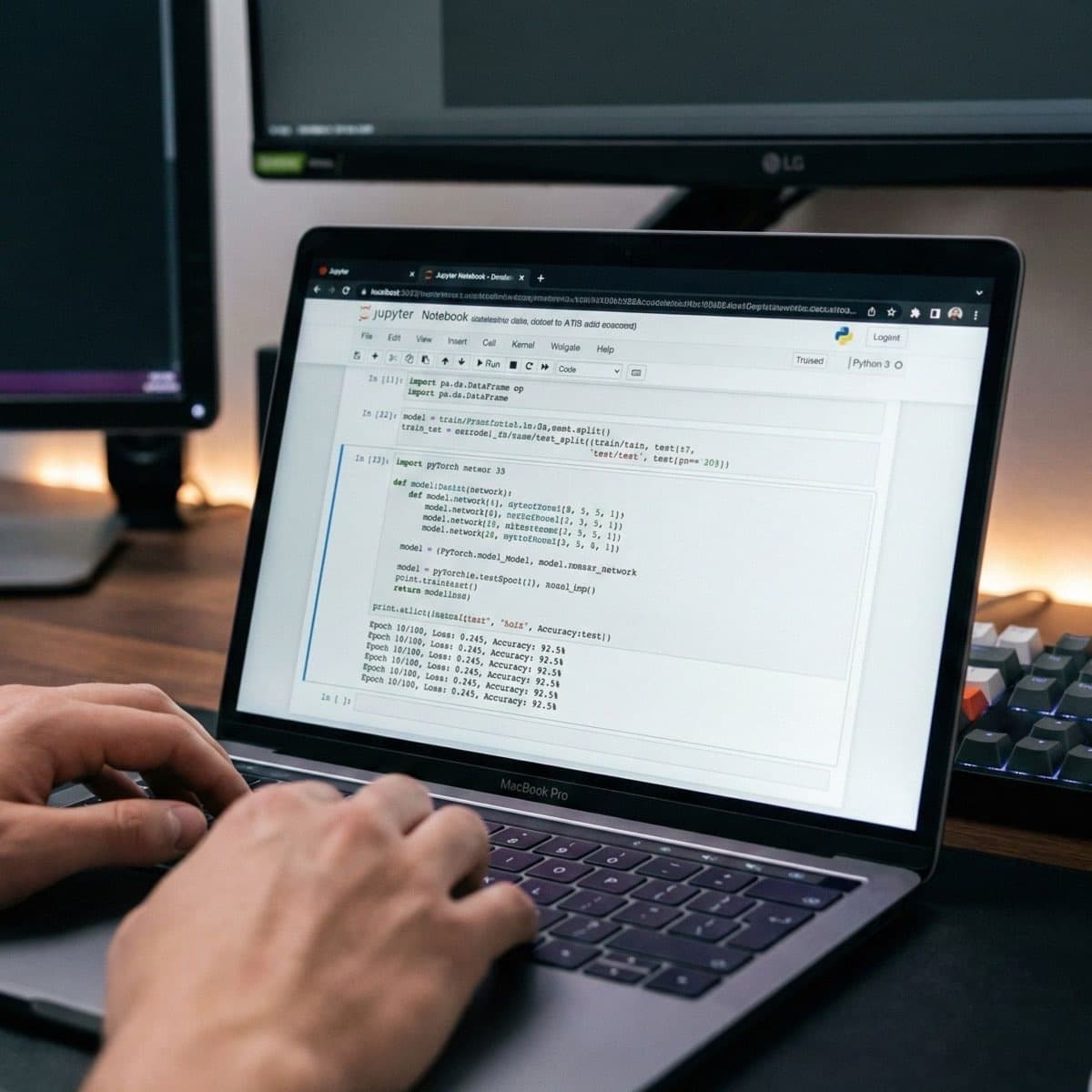 A laptop screen showing a work for AI Training Intent Modeling in a home office