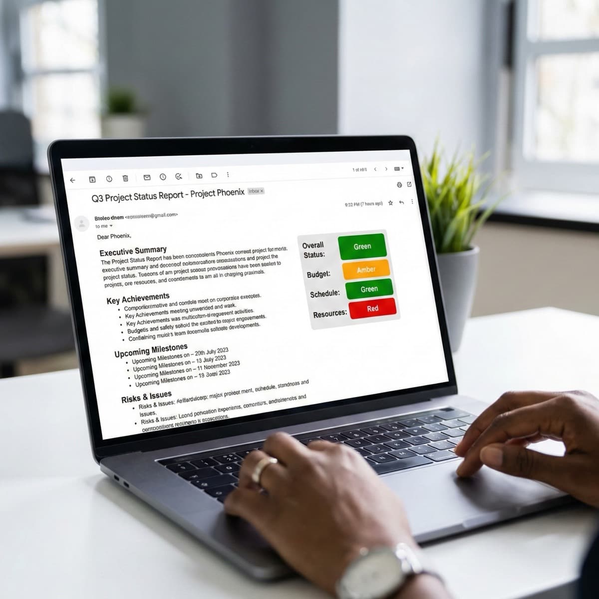 A laptop screen showing a work for Stakeholder Communication in a home office
