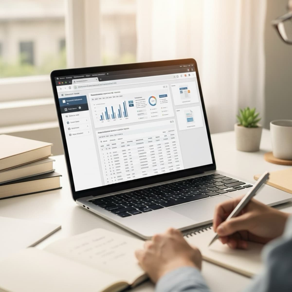 A laptop screen showing a work for Data Research in a home office