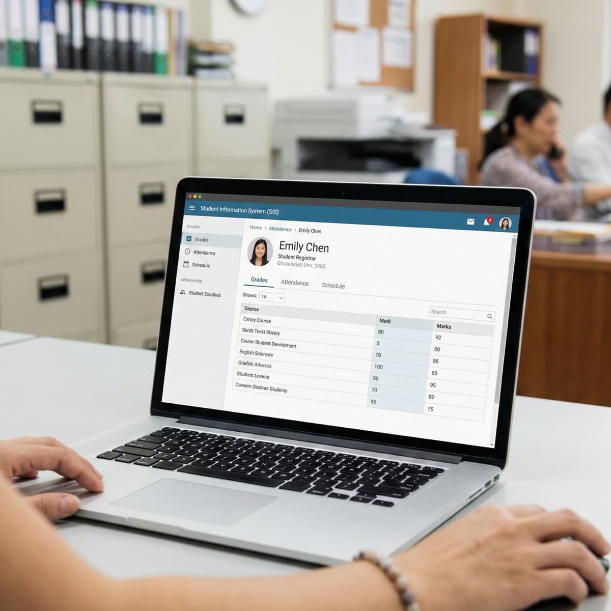 A laptop screen showing a work for Student Record Management (SIS) in a home office