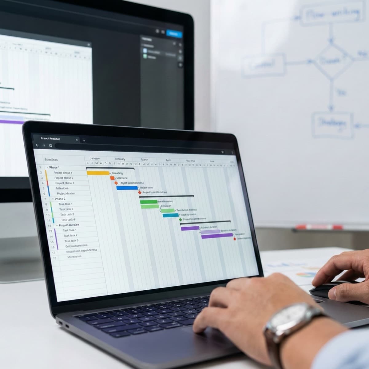 A laptop screen showing a work for Project Planning in a home office