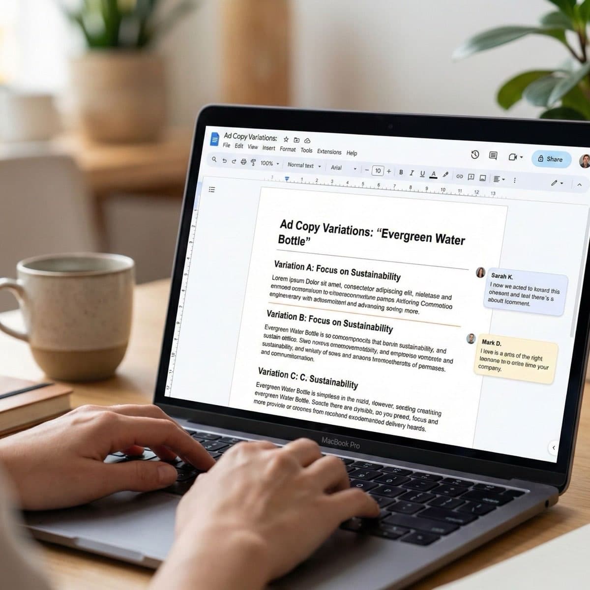 A laptop screen showing a work for Ad Copywriting in a home office