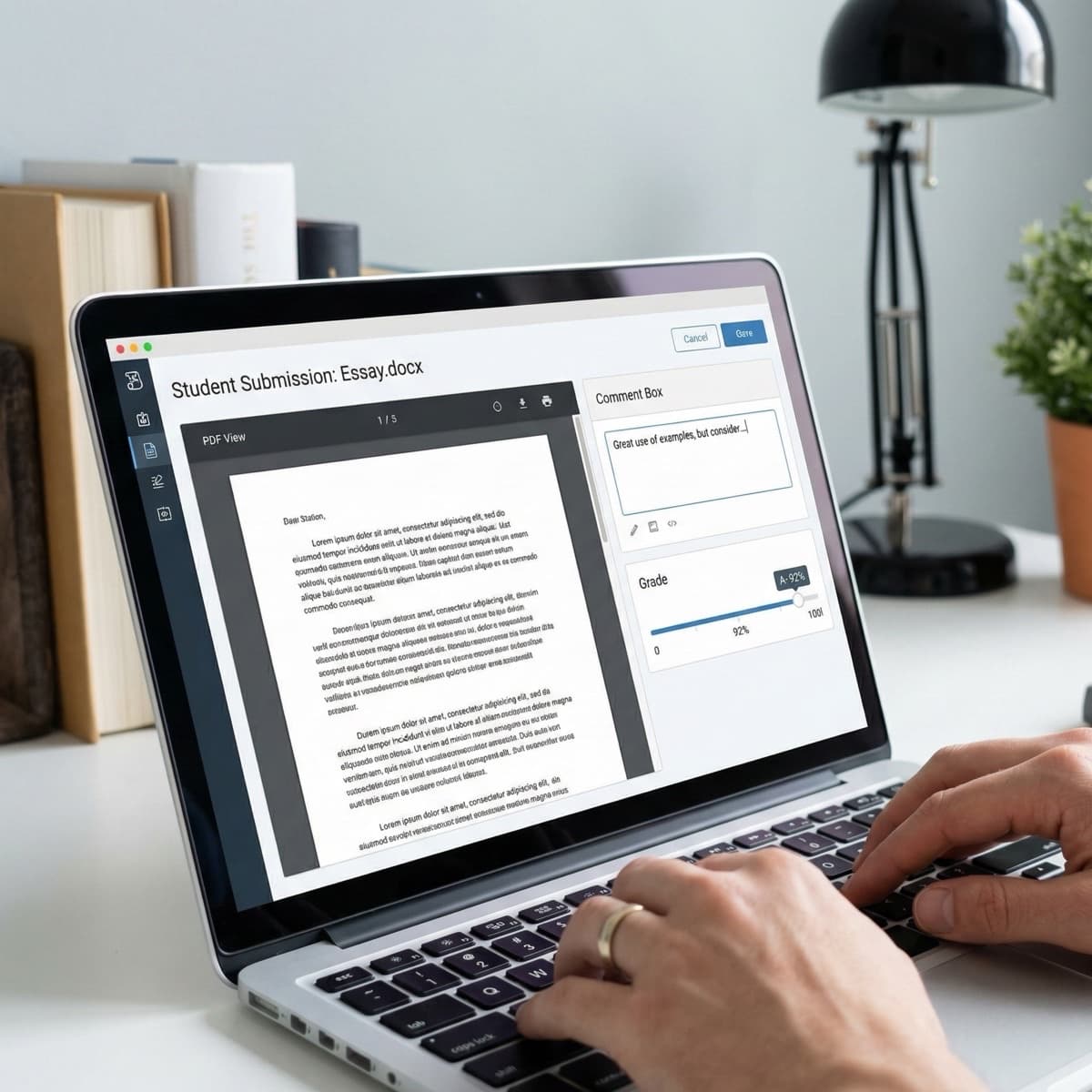 A laptop screen showing a work for Online Grading Feedback in a home office