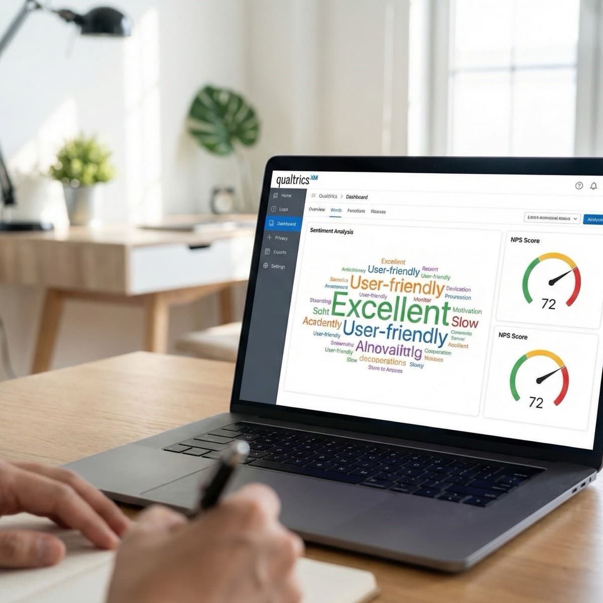 A laptop screen showing a work for Customer Feedback & Survey Analysis in a home office