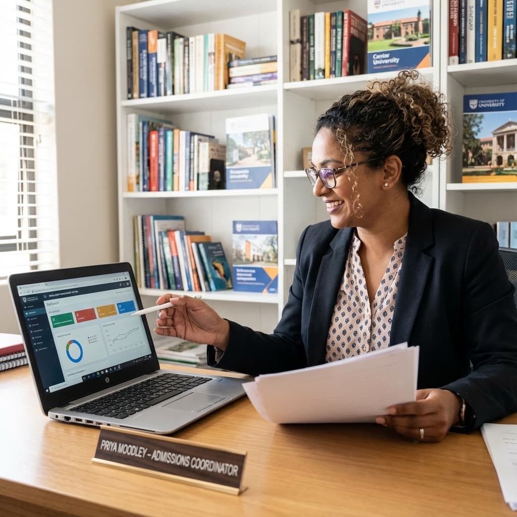 A South African Remote Student Admissions Coordinator working in a home office