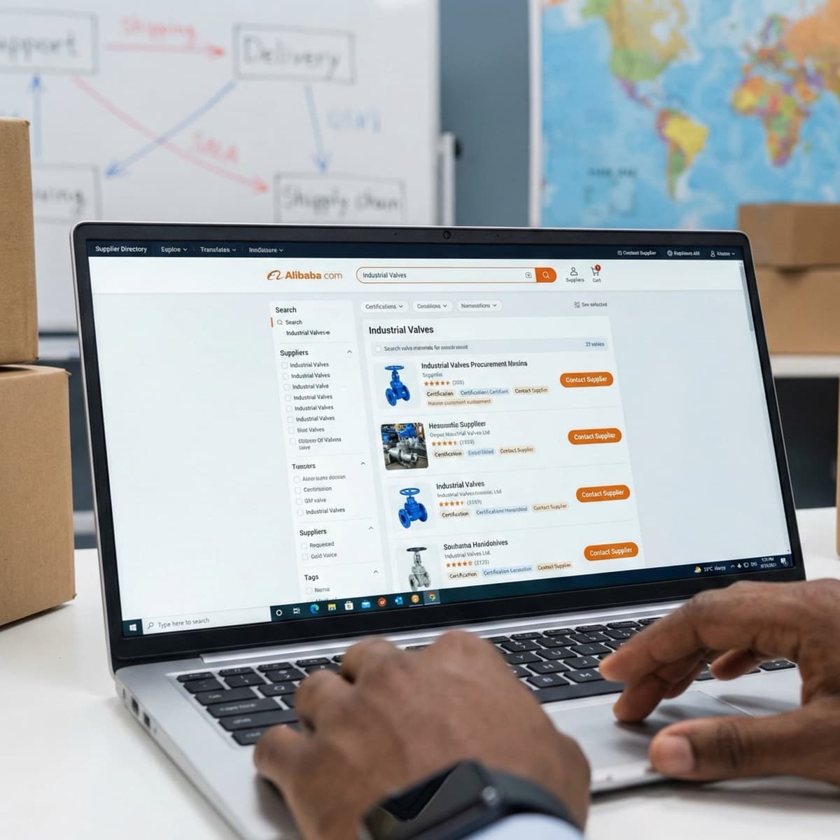 A laptop screen showing a work for Supplier Sourcing & Vetting in a home office