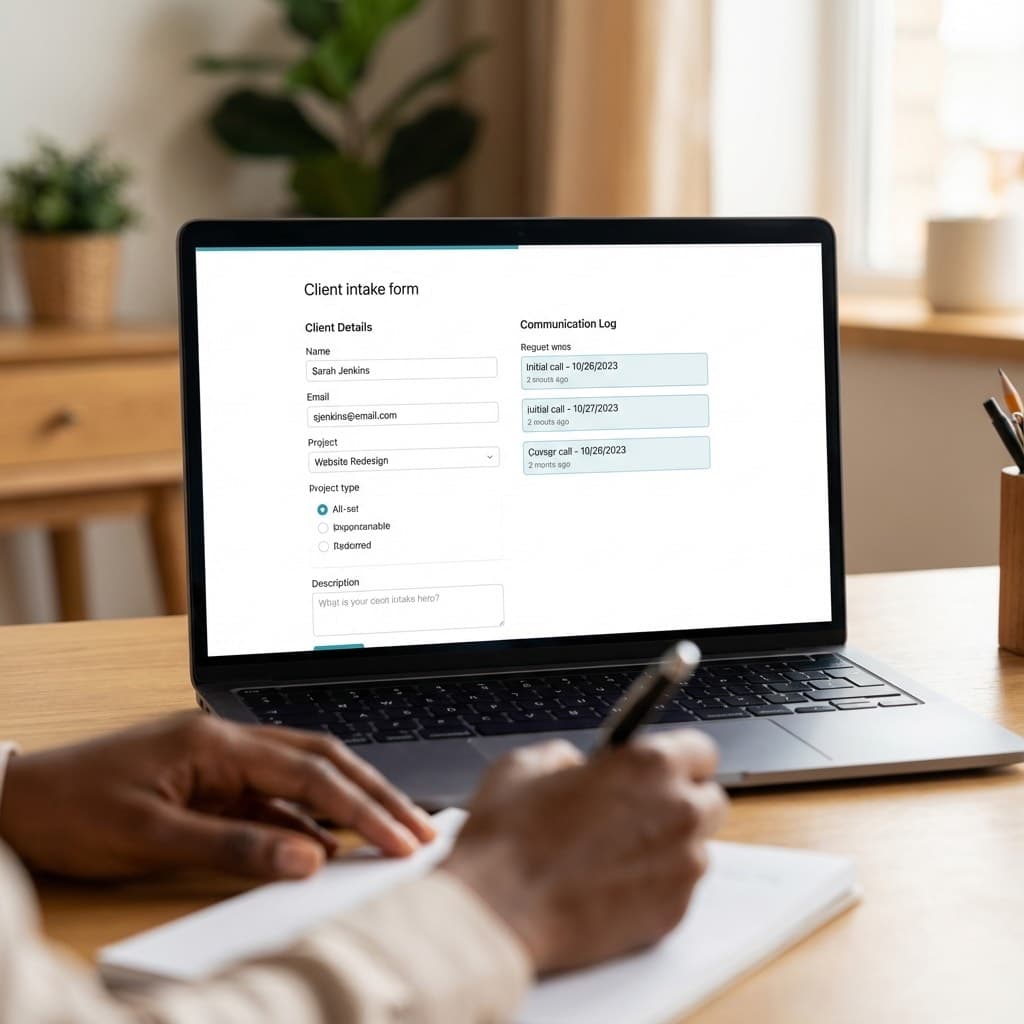A laptop screen showing a work for Client Intake Communication in a home office