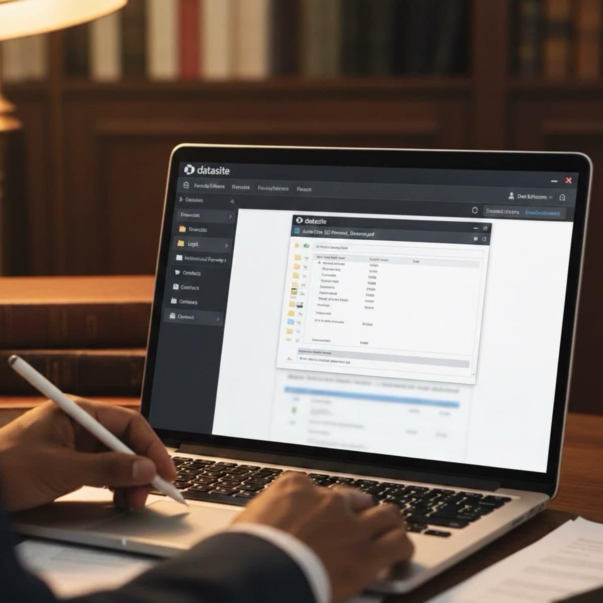 A laptop screen showing a work for Data Room Review in a home office