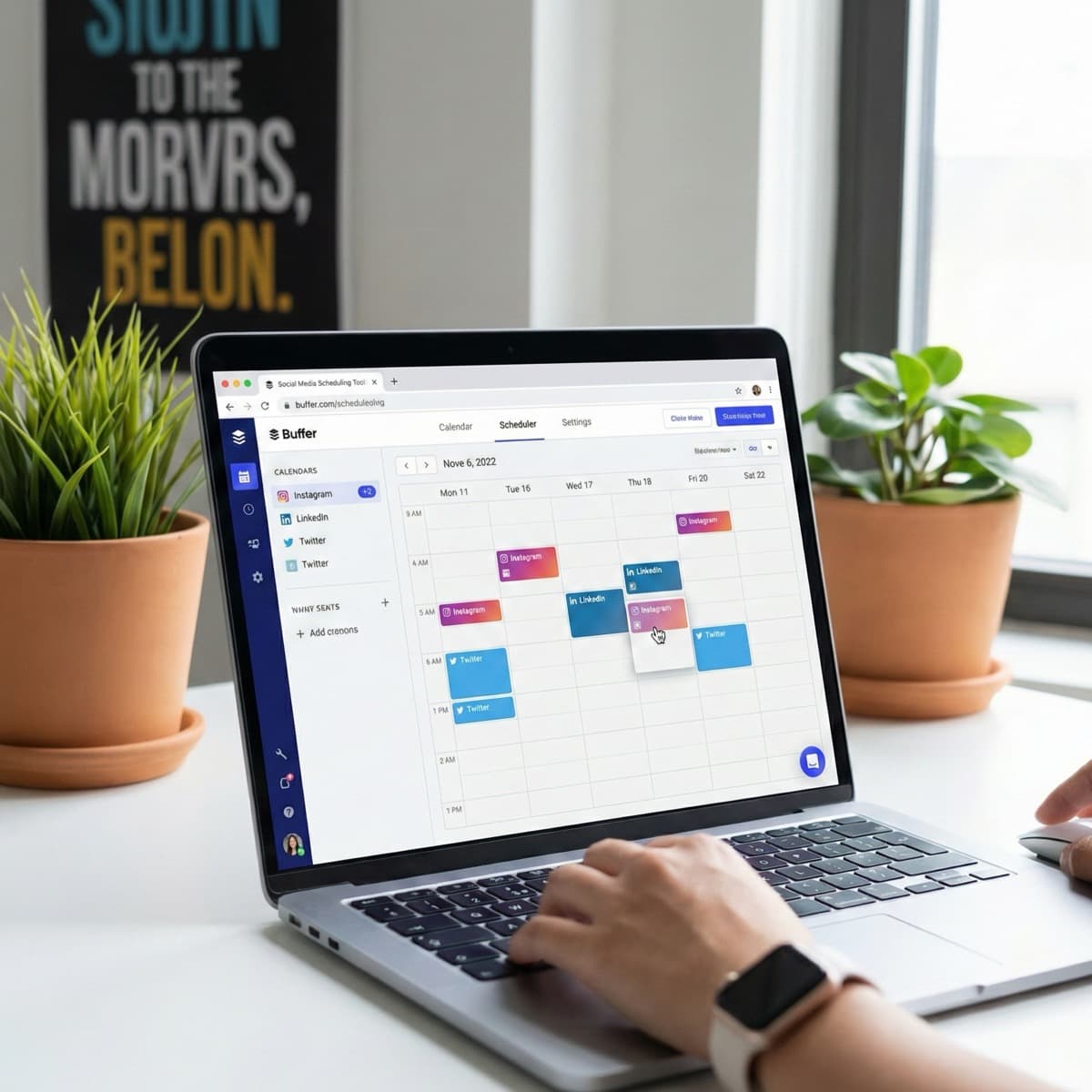 A laptop screen showing a work for Social Media Scheduling in a home office