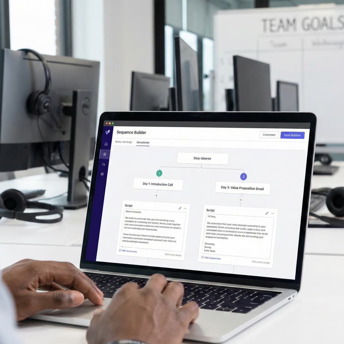 A laptop screen showing a work for Sales Script & Sequence Building in a home office