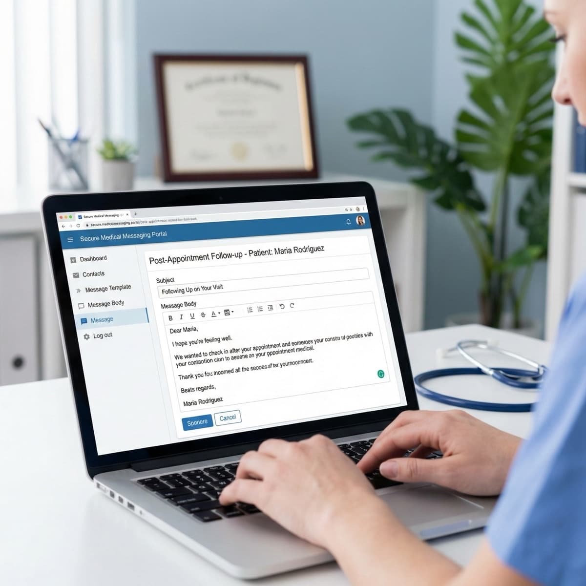 A laptop screen showing a work for Patient Follow-Up Communication in a home office