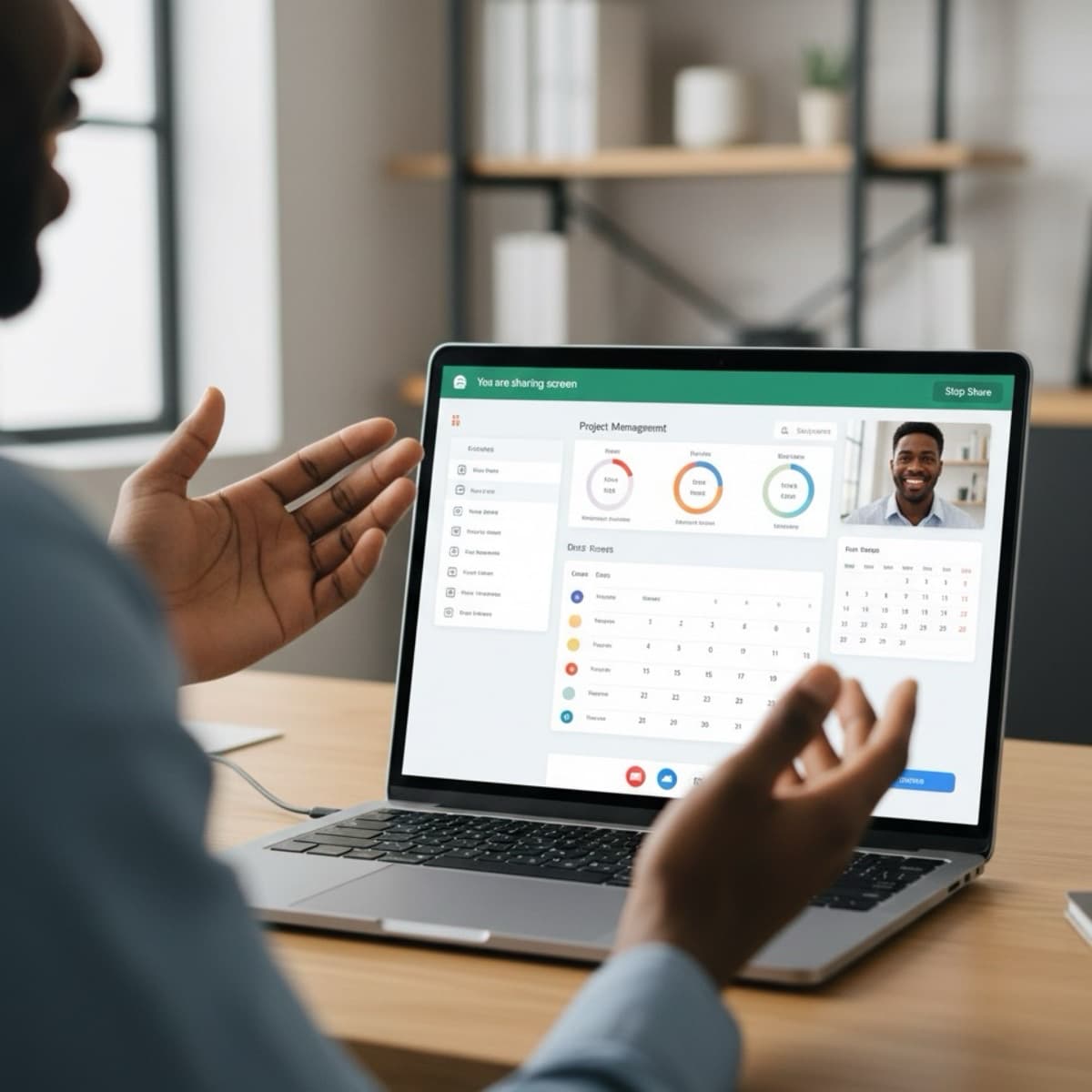 A laptop screen showing a work for Customer Training & Product Demos in a home office