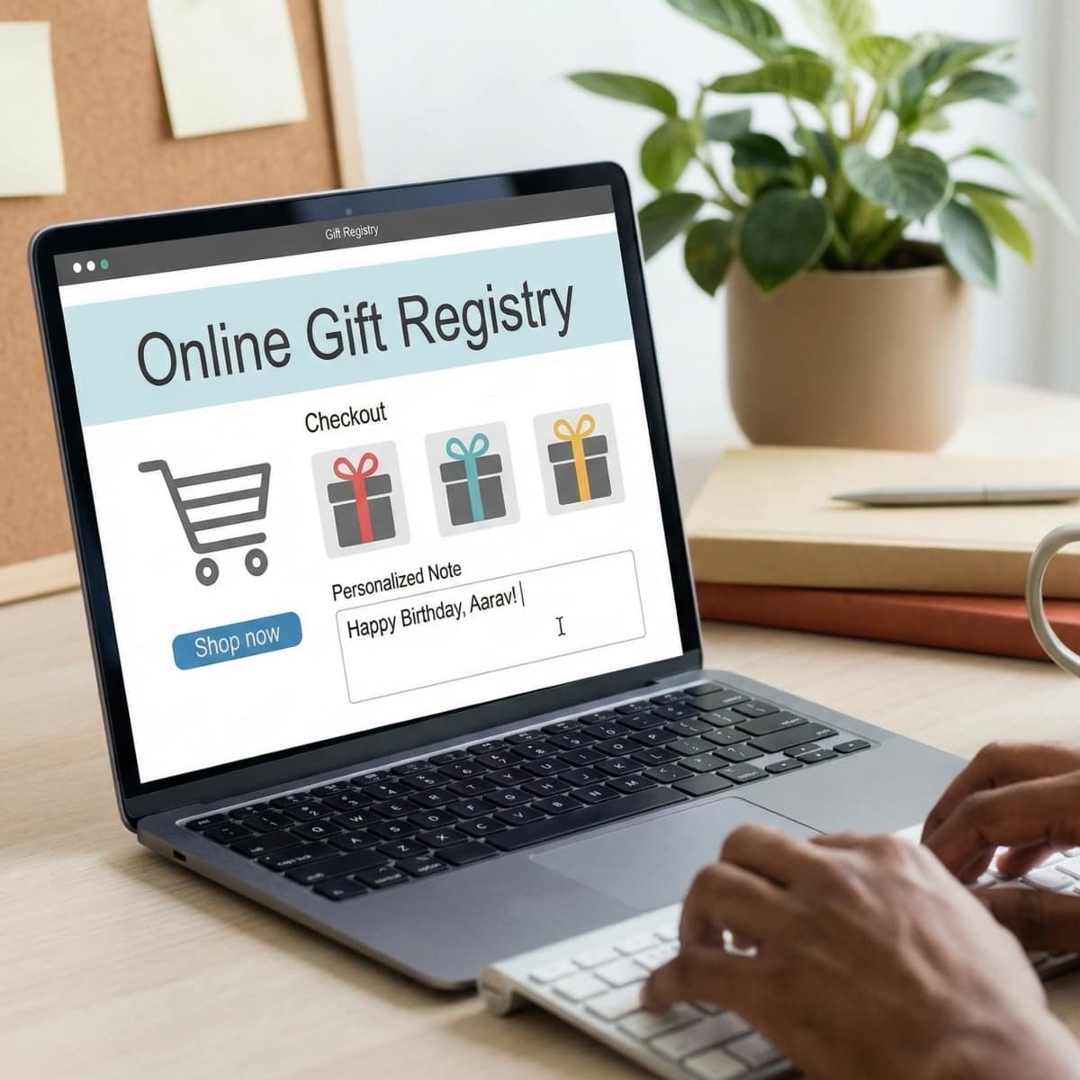 A laptop screen showing a work for Online Shopping & Gift Ordering in a home office