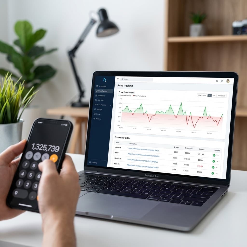 A laptop screen showing a work for Competitor Price Monitoring in a home office
