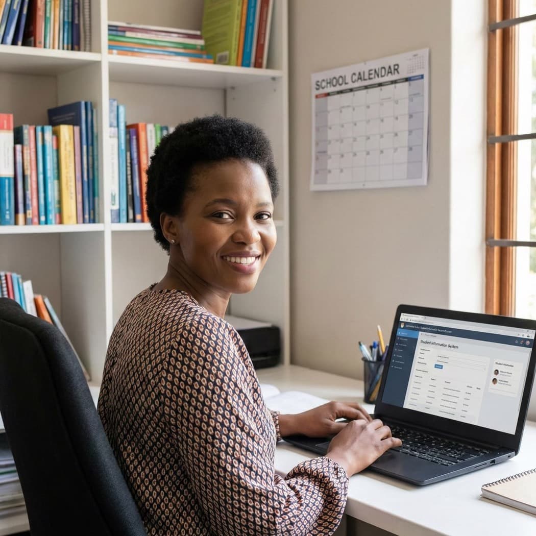 A South African VA for School Admin working in a home office