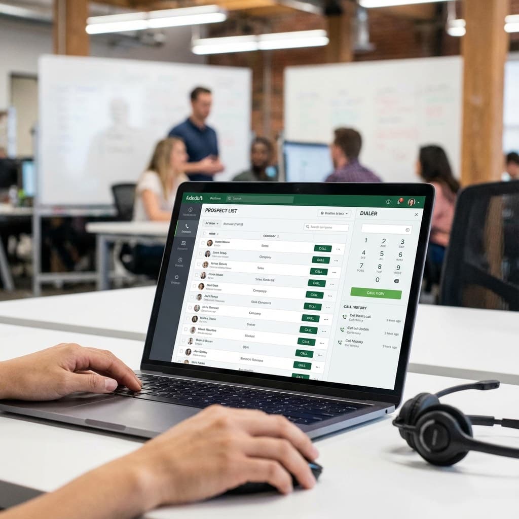 A laptop screen showing a work for Cold Calling & Outreach in a home office