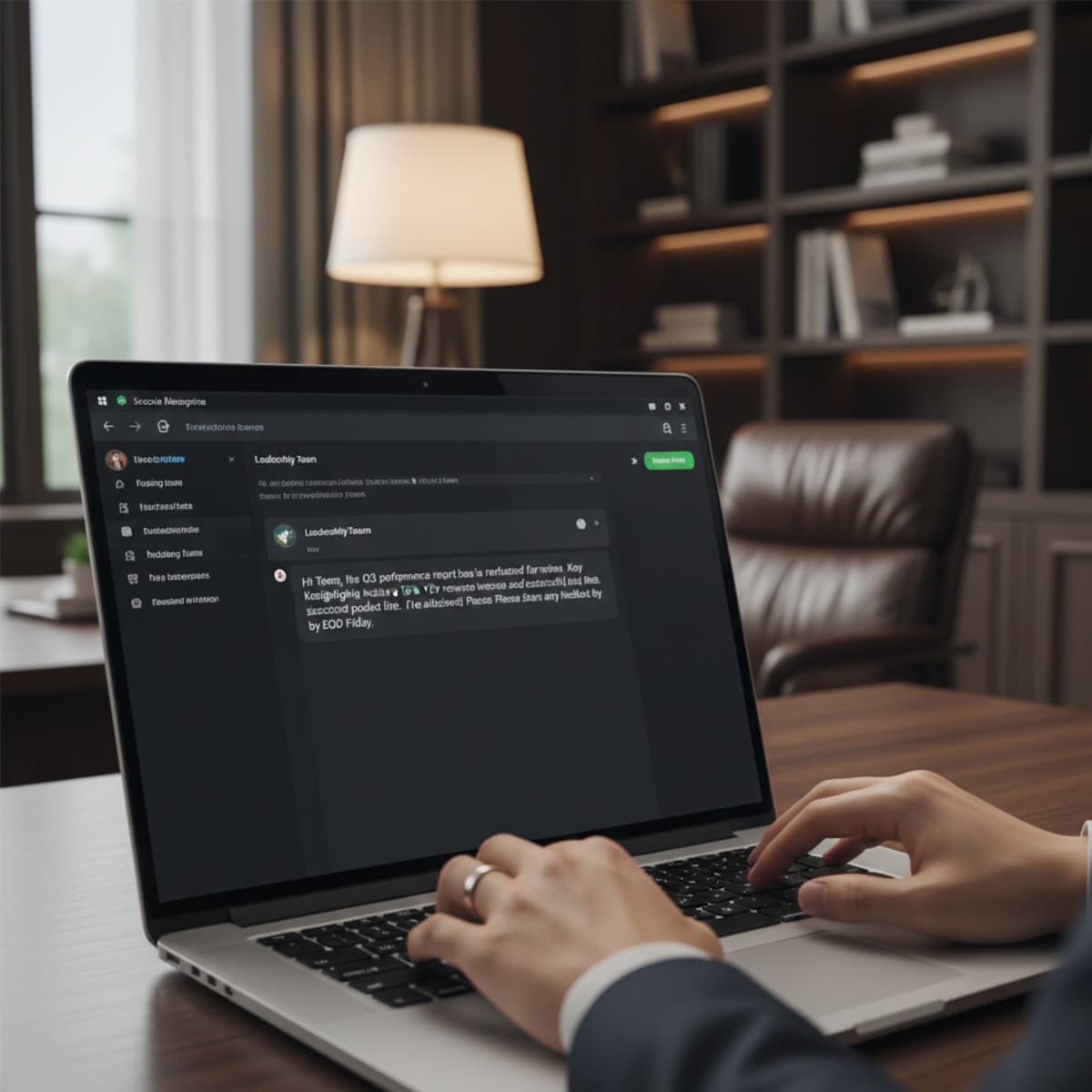 A laptop screen showing a work for Executive Communication in a home office