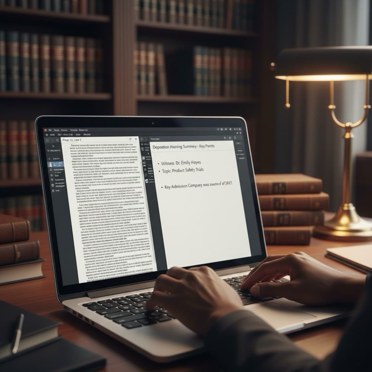 A laptop screen showing a work for Deposition & Hearing Summaries in a home office