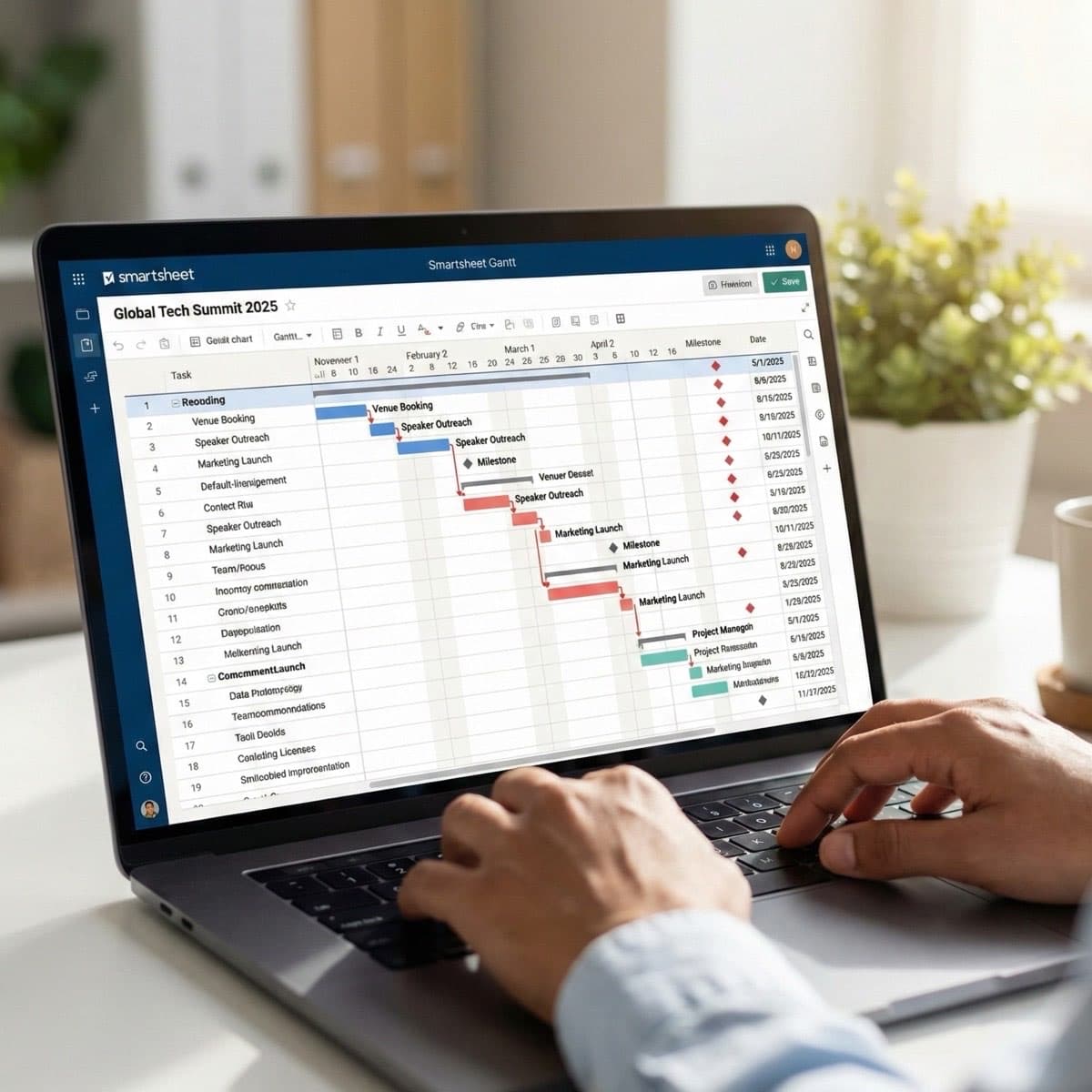 A laptop screen showing a work for Event Timeline Management in a home office
