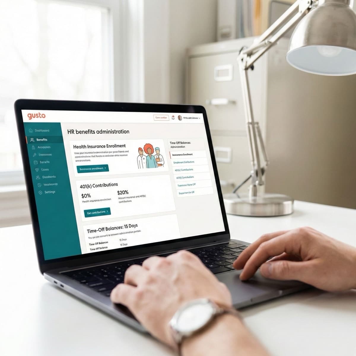 A laptop screen showing a work for Benefits Administration Support in a home office