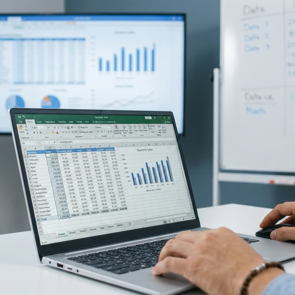 A laptop screen showing a work for Spreadsheet Management in a home office