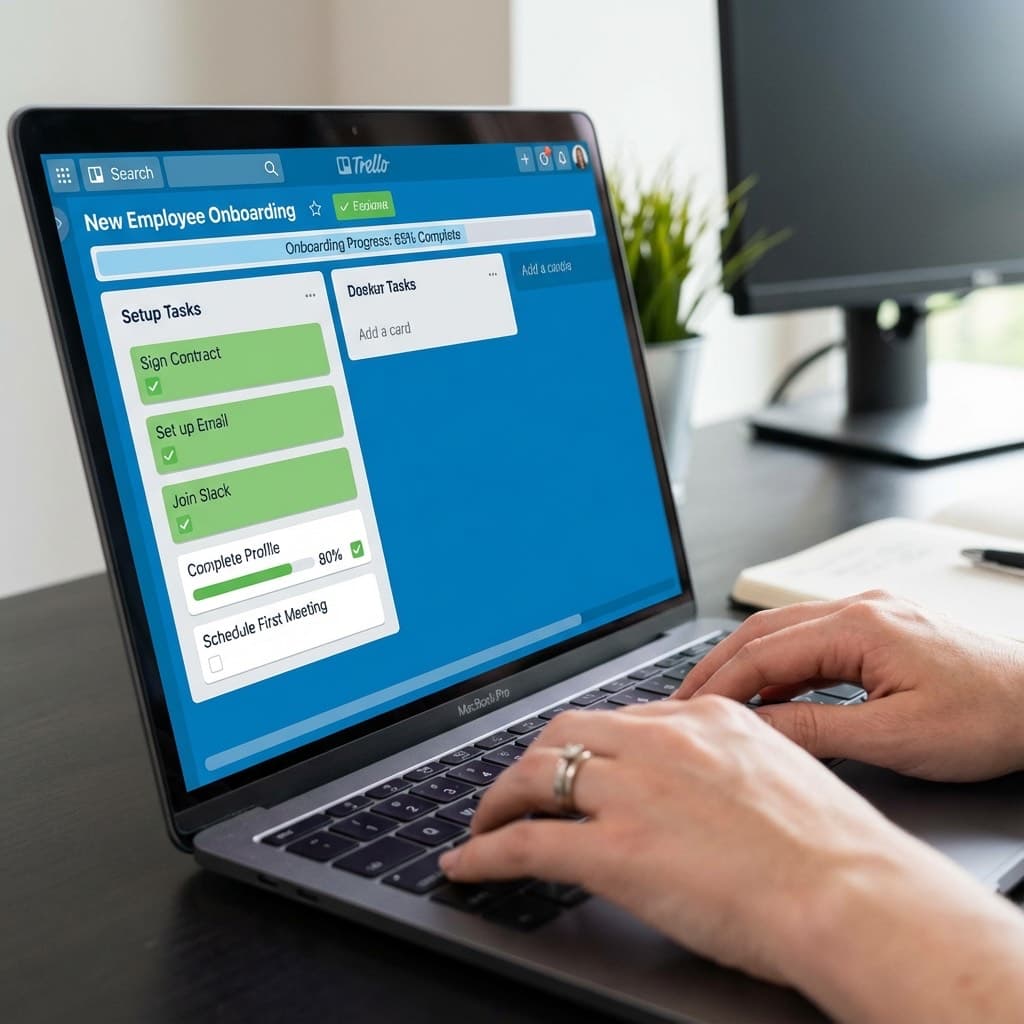 A laptop screen showing a work for Client Onboarding Account Setup in a home office