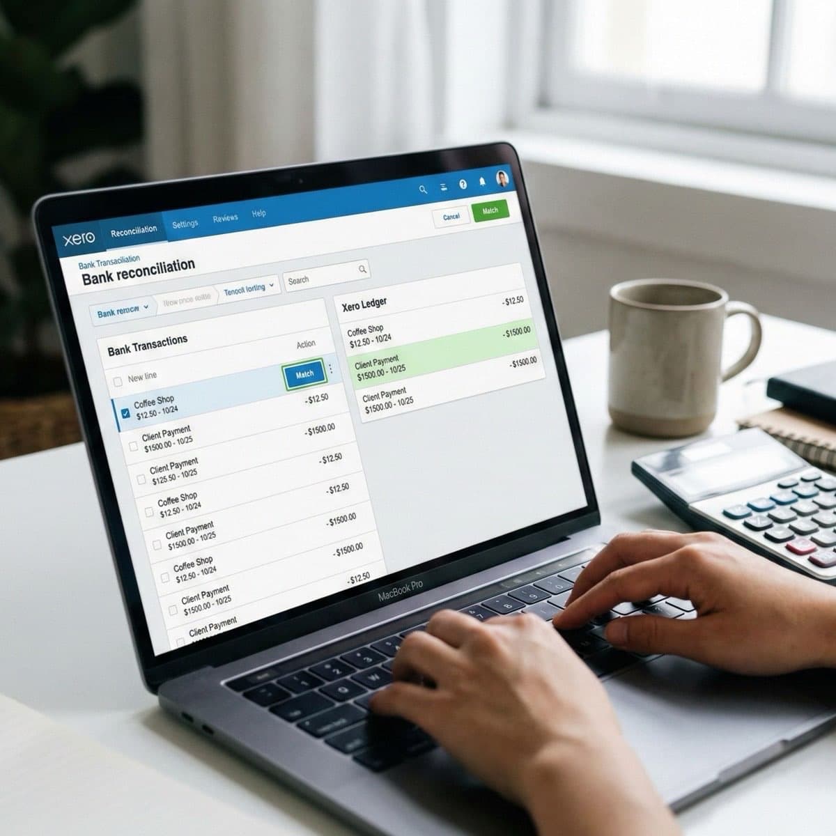 A laptop screen showing a work for Bank Reconciliation in a home office