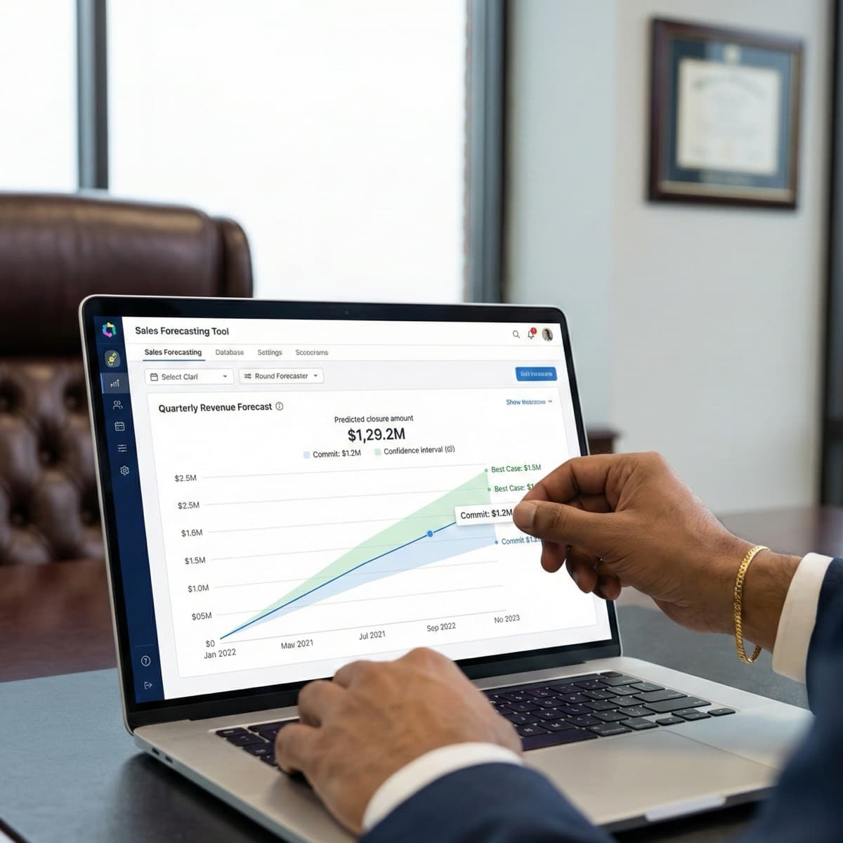 A laptop screen showing a work for Sales Reporting & Forecasting in a home office