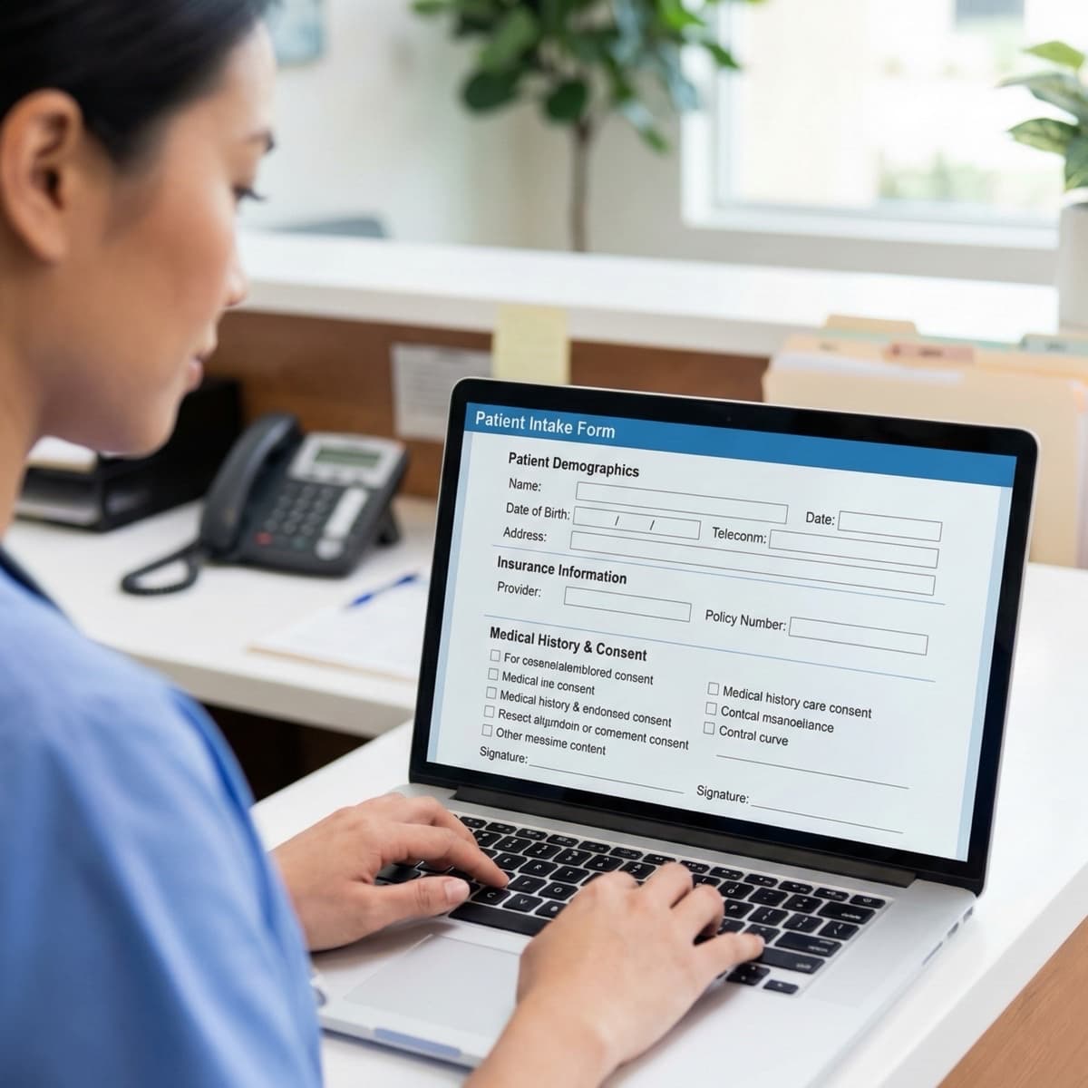 A laptop screen showing a work for Patient Intake Registration in a home office
