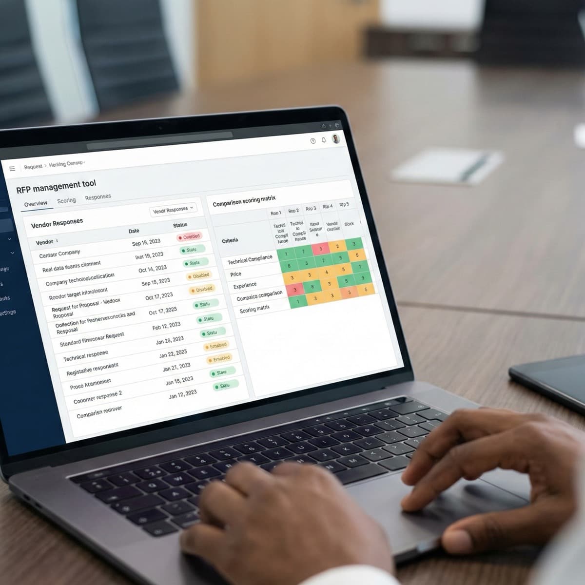 A laptop screen showing a work for Vendor Sourcing Vetting in a home office